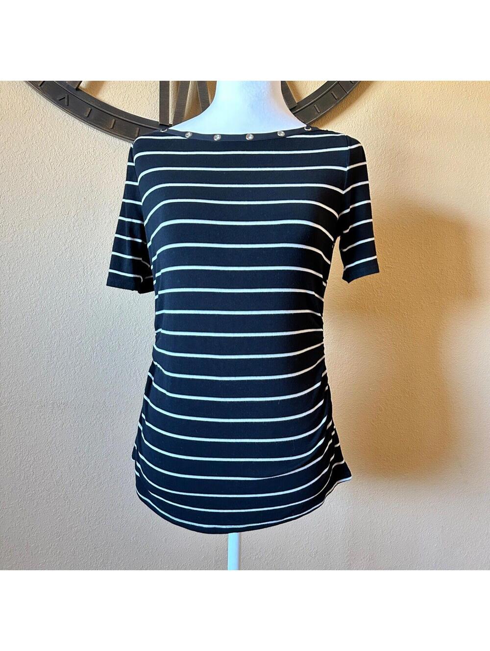 White House Black Market WHBM Black w/White Strips Top Jersey Laced Womens Small